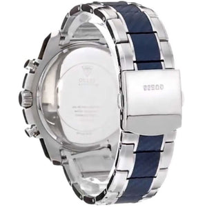 Left side perspective of the Guess W1046G2 highlighting the two-tone silver and blue steel bracelet