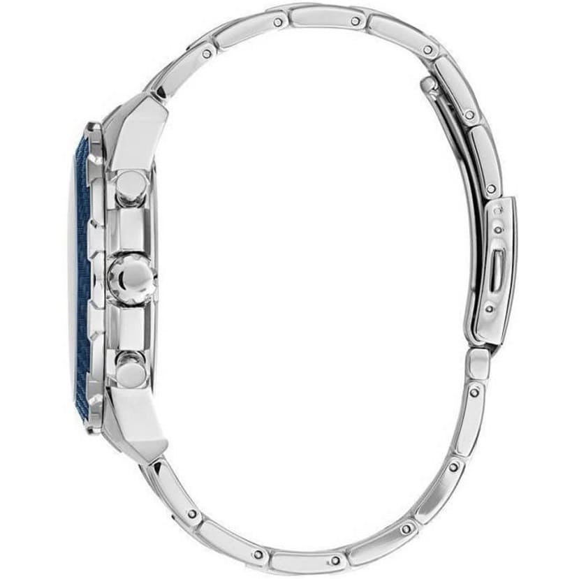 Angled view of Guess W1046G2 showing the blue tachymeter bezel and chronograph pushers