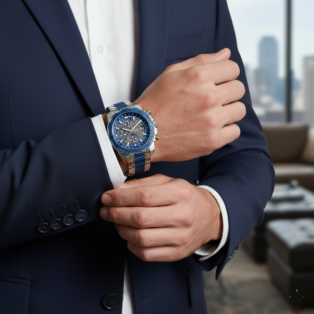 Male model wearing Guess W1046G2 two-tone watch with a sporty casual outfit