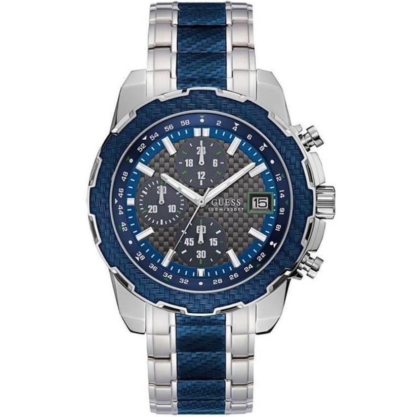 Guess Octane W1046G2 men's watch with silver case and two-tone silver and blue stainless steel bracelet
