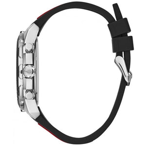 Left side perspective of the Guess W1047G1 highlighting the black rubber strap with red stripes