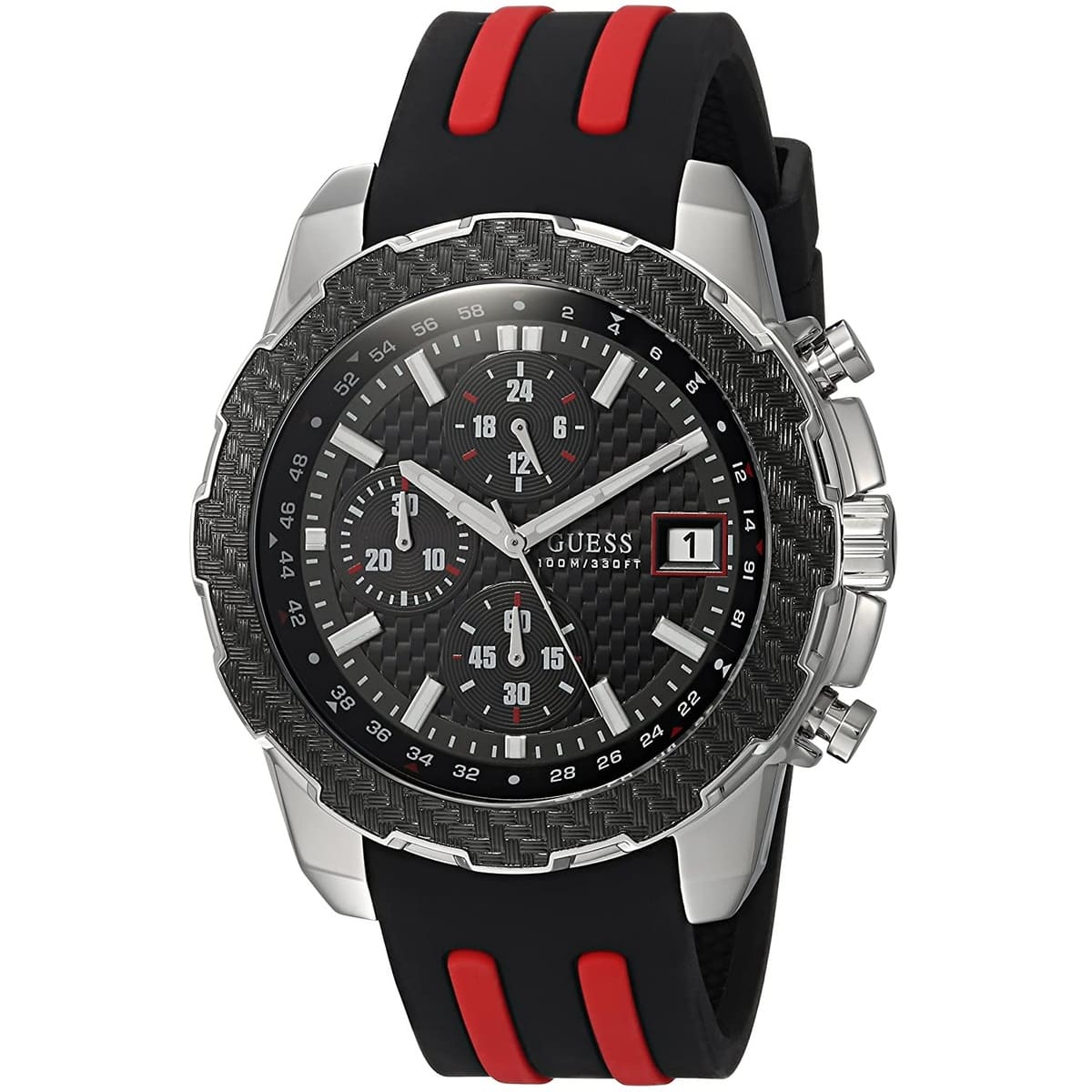 Angled view of Guess W1047G1 showing the textured black bezel and chronograph pushers