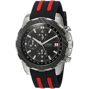 Angled view of Guess W1047G1 showing the textured black bezel and chronograph pushers