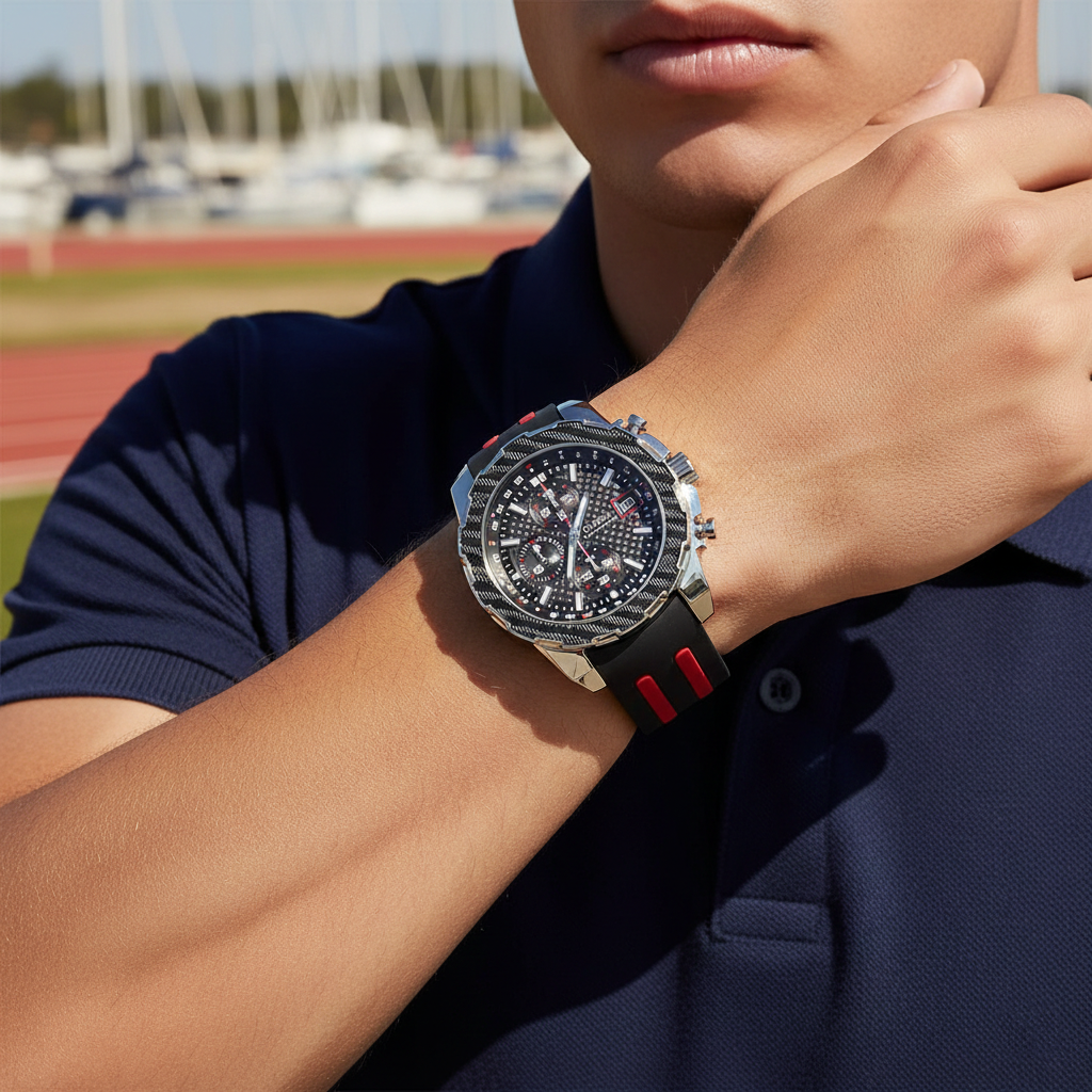 Male model wearing Guess W1047G1 rubber watch with a racing suit