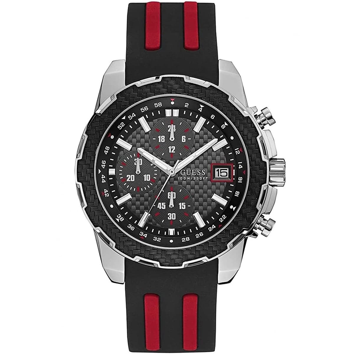 Guess Octane W1047G1 men's watch with silver case and black red rubber strap