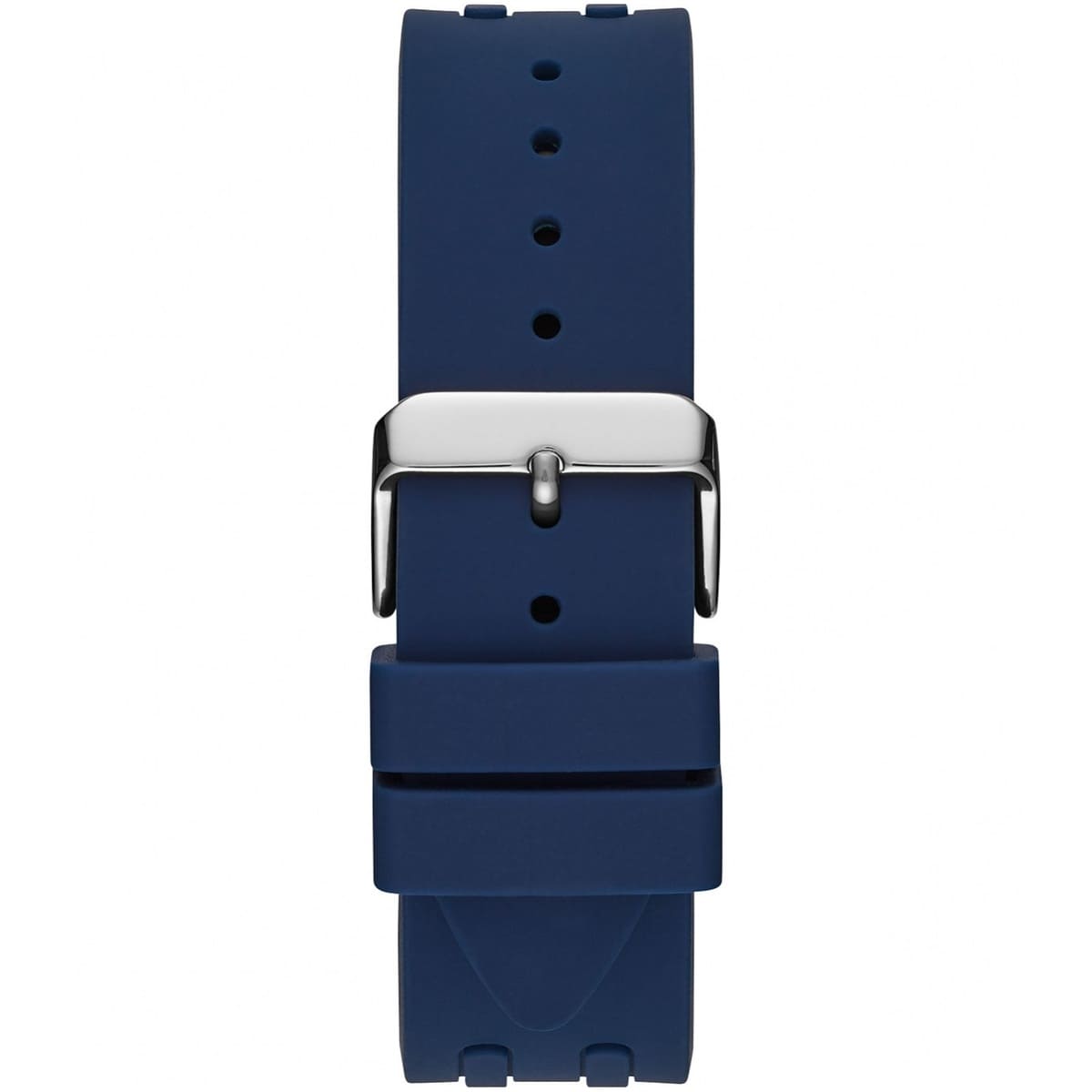Silver pin buckle on the blue rubber strap of the Guess W1047G2