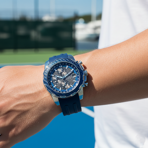 Male model wearing Guess W1047G2 blue rubber watch with a sporty casual outfit