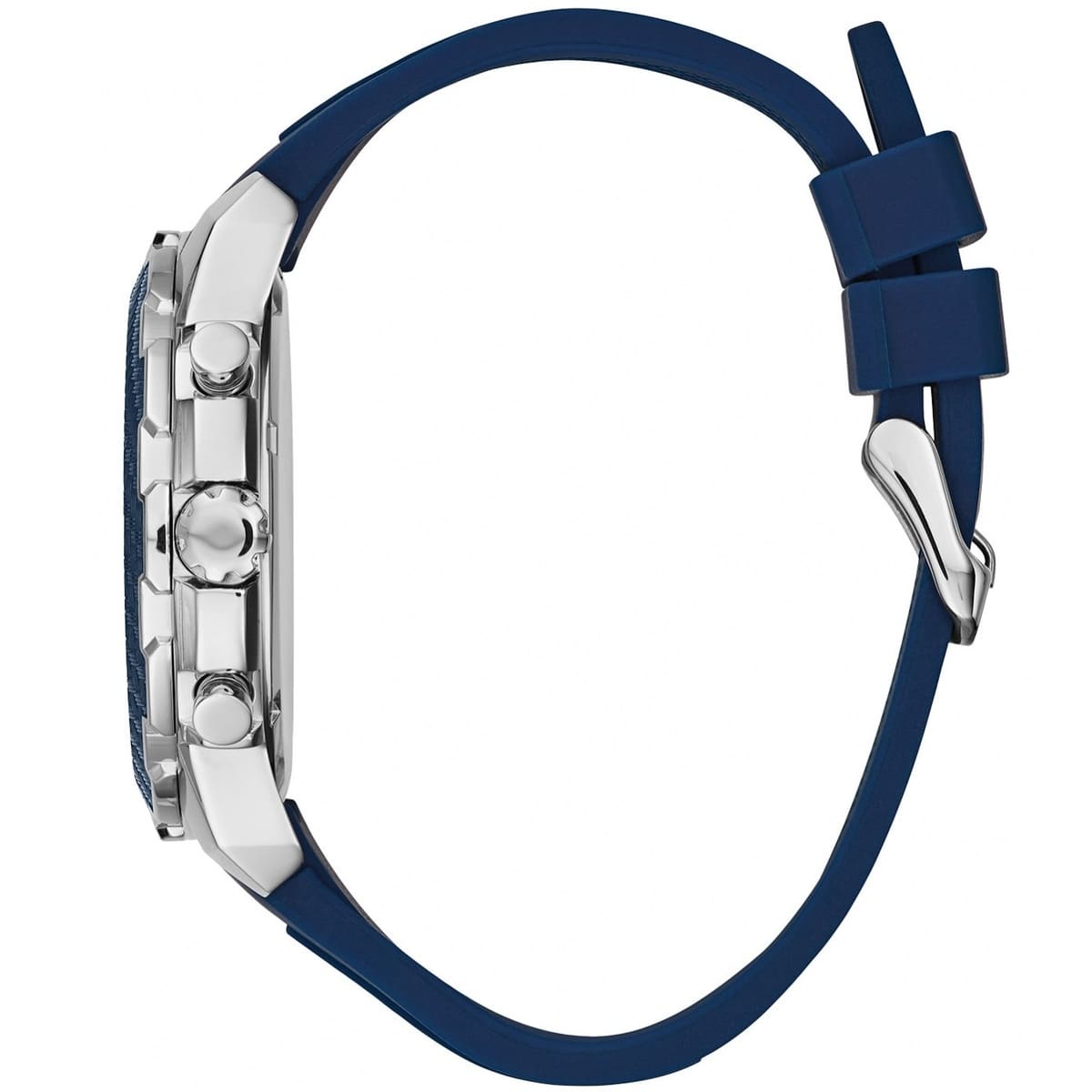 Side profile view of the 13mm silver-tone case of the Guess W1047G2