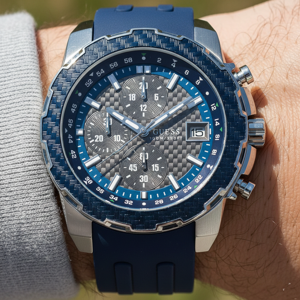 Close up shot of Guess W1047G2 on wrist highlighting the grey carbon fiber dial and blue bezel