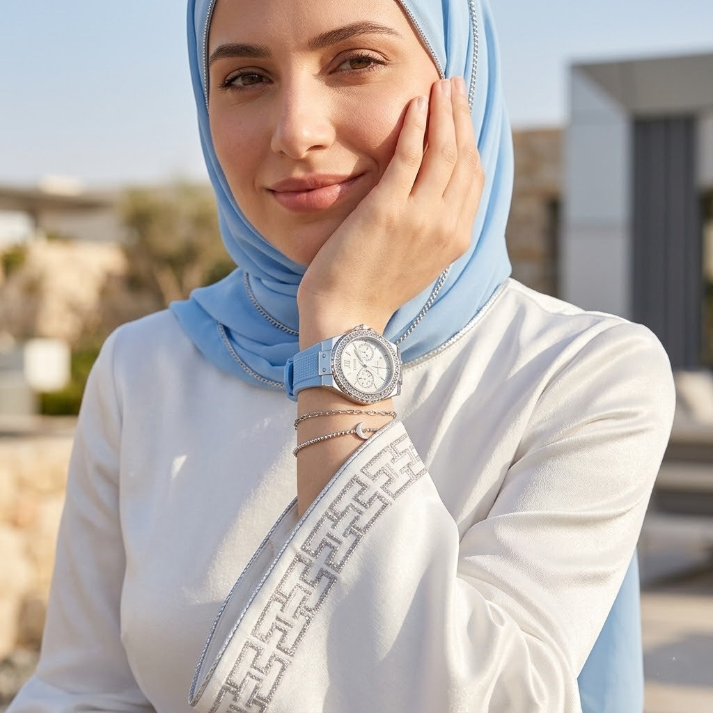 Close up shot of Guess W1053L5 on wrist showing the white dial with multi-function sub-dials and silver crystal bezel details