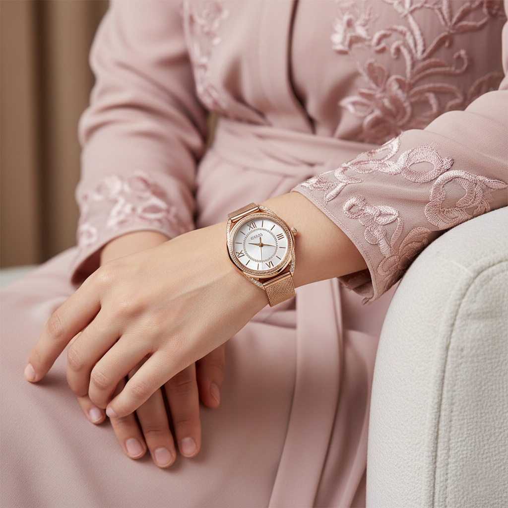 Female model wearing Guess W1084L3 rose gold mesh watch with a classic evening look