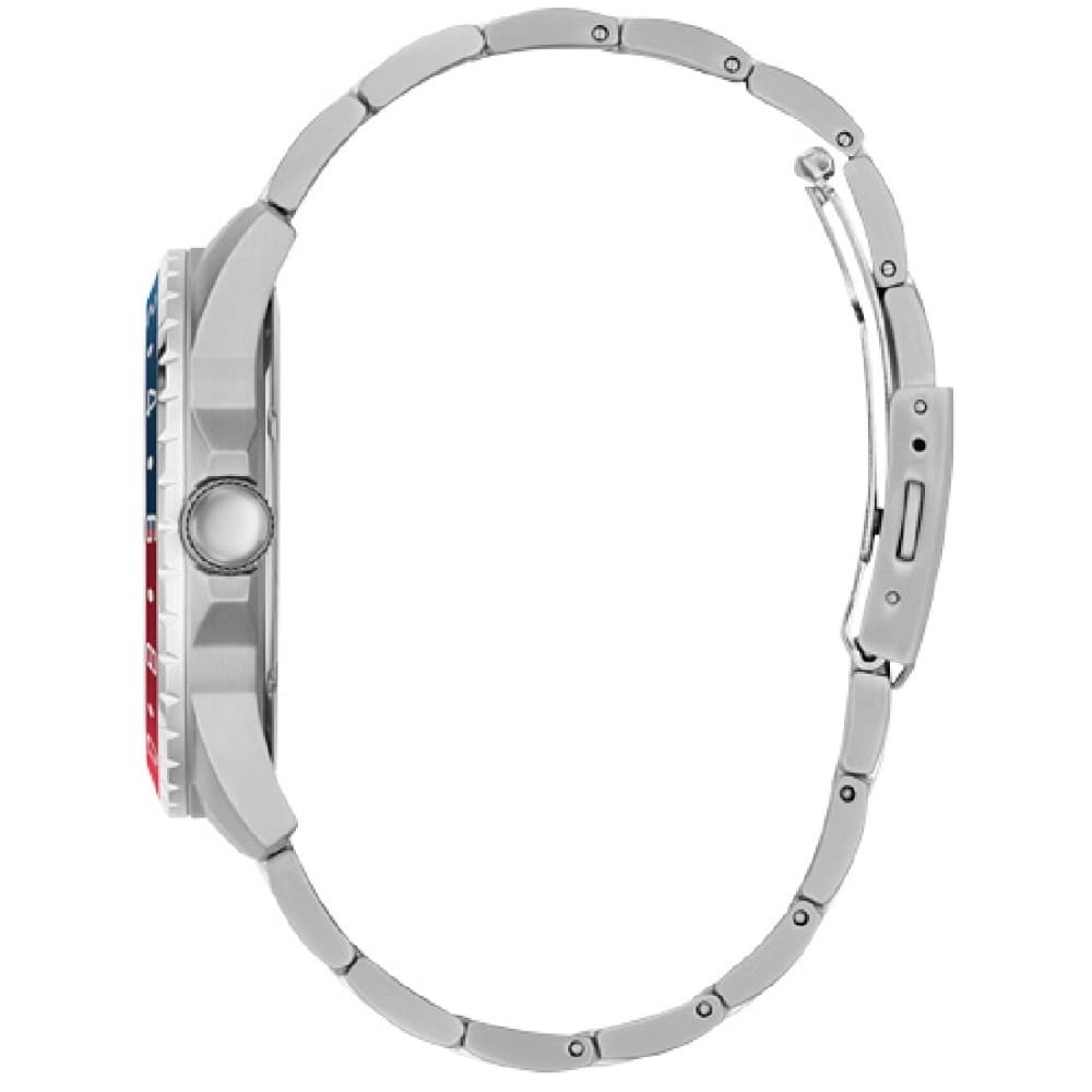 Angled view of Guess W1107G2 showing the Pepsi sport bezel and silver case profile
