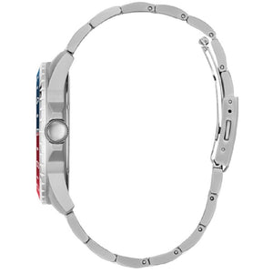 Angled view of Guess W1107G2 showing the Pepsi sport bezel and silver case profile