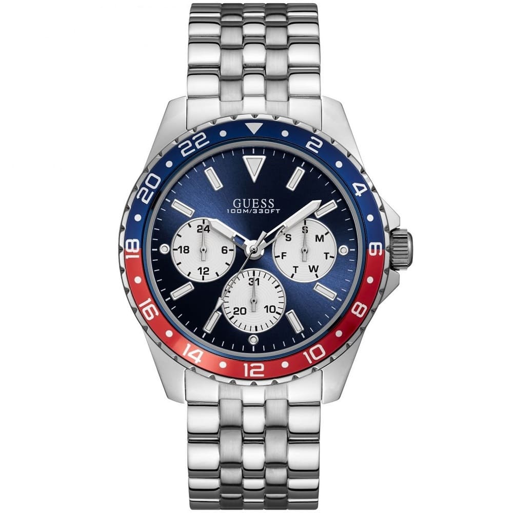 Guess Odyssey W1107G2 men's watch with silver stainless steel bracelet and Pepsi bezel