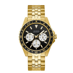 Front view of Guess W1107G4 watch with black dial and gold metal strap