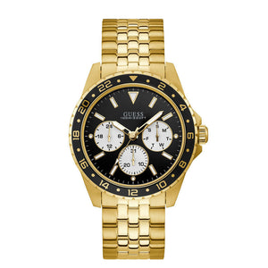 Front view of Guess W1107G4 watch with black dial and gold metal strap
