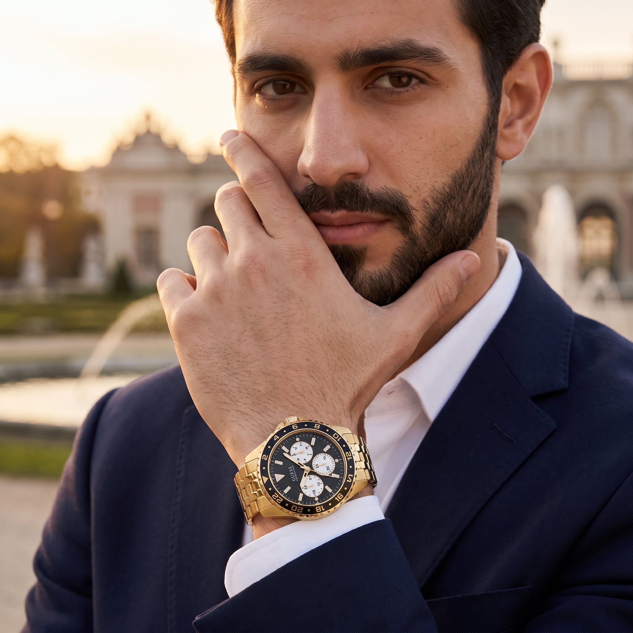 Lifestyle photo of Guess W1107G4 watch on a man's wrist
