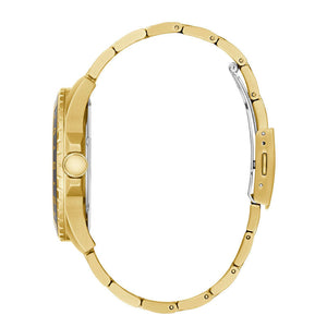 Right angle view of Guess W1107G4 showing the gold bezel