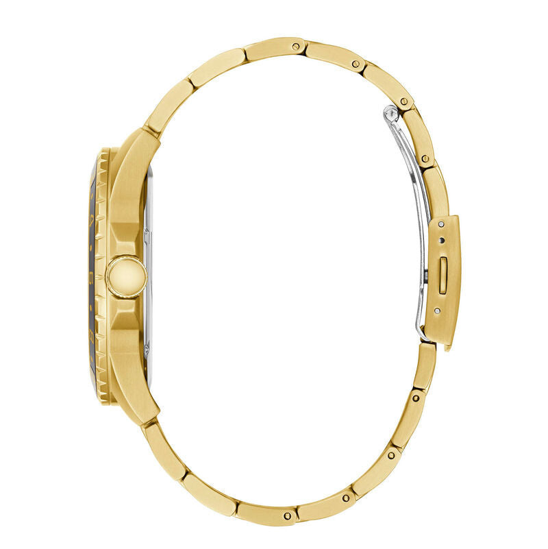 Right angle view of Guess W1107G4 showing the gold bezel