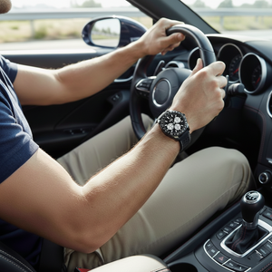 Male model wearing Guess W1108G3 black rubber watch with a sporty racing outfit