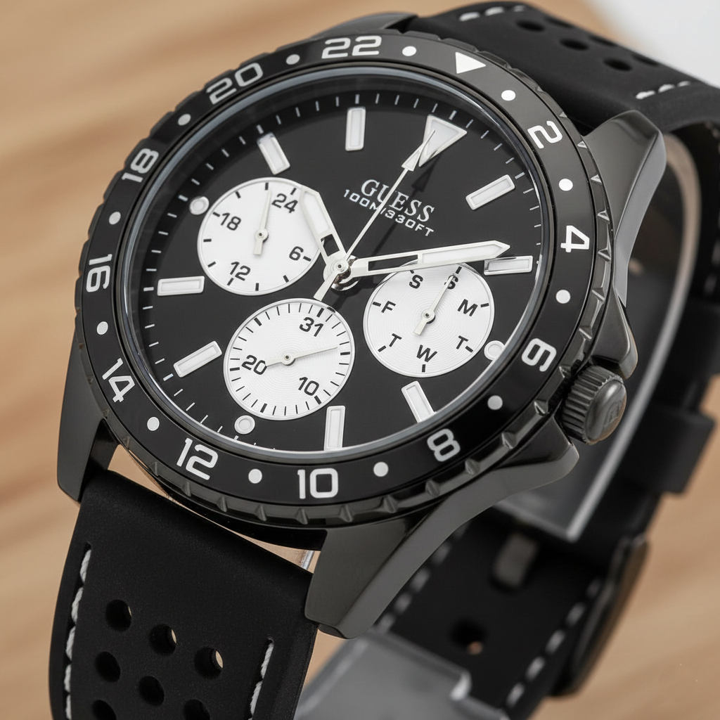 Close up shot of Guess W1108G3 on wrist highlighting the black dial with white sub-dials