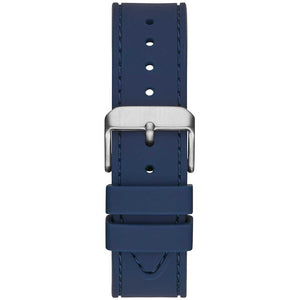 Silver pin buckle on the blue rubber strap of the Guess W1108G4