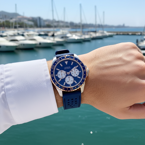 Male model wearing Guess W1108G4 blue rubber watch with a marine sport outfit