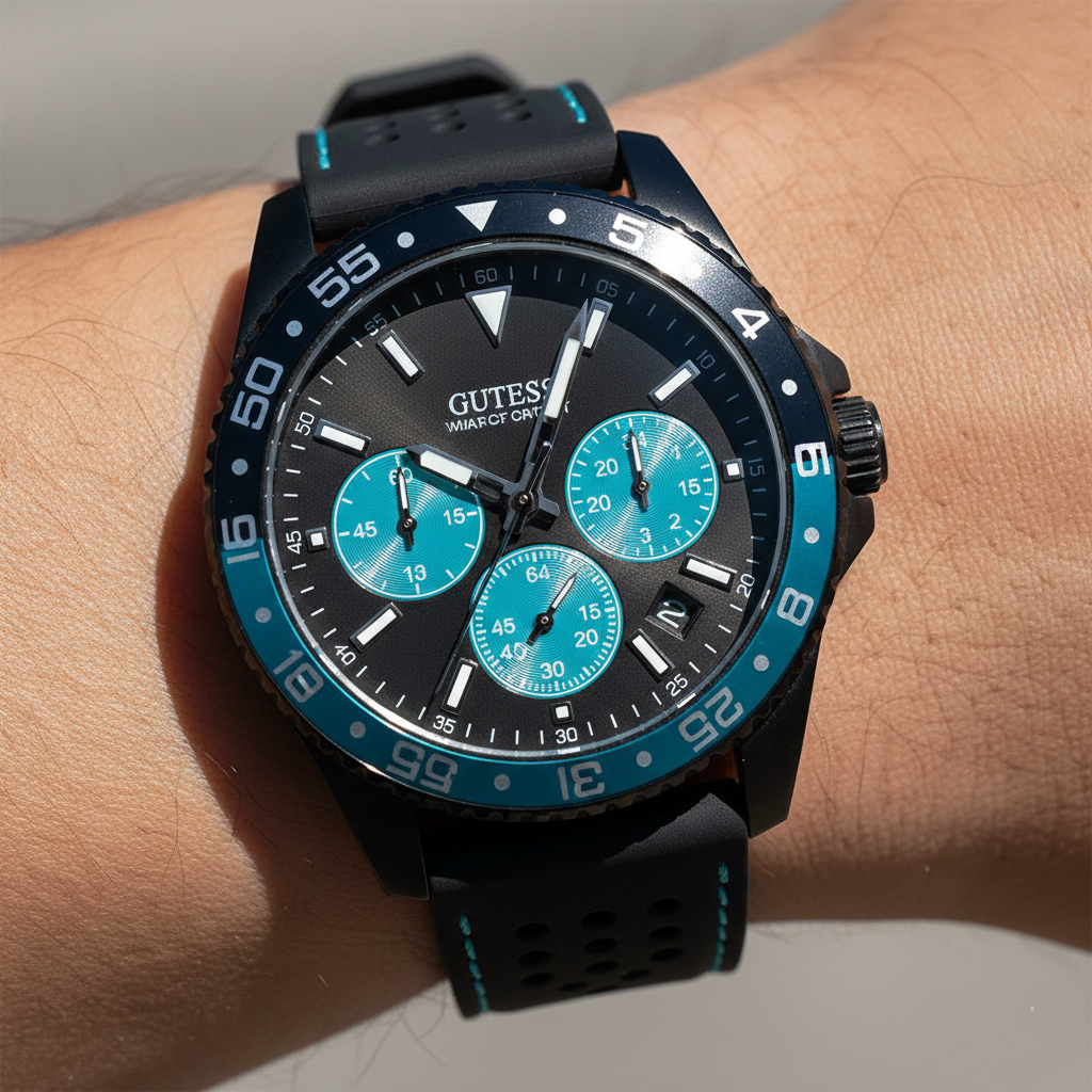 Close up shot of Guess W1108G5 on wrist highlighting the turquoise sub-dials and stitching