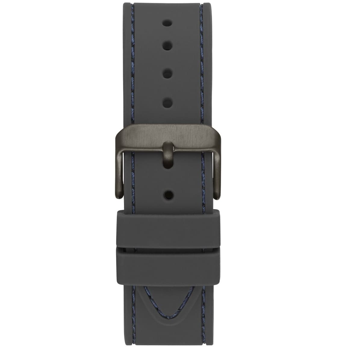 Gunmetal pin buckle on the grey rubber strap of the Guess W1108G6