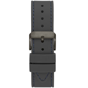 Gunmetal pin buckle on the grey rubber strap of the Guess W1108G6
