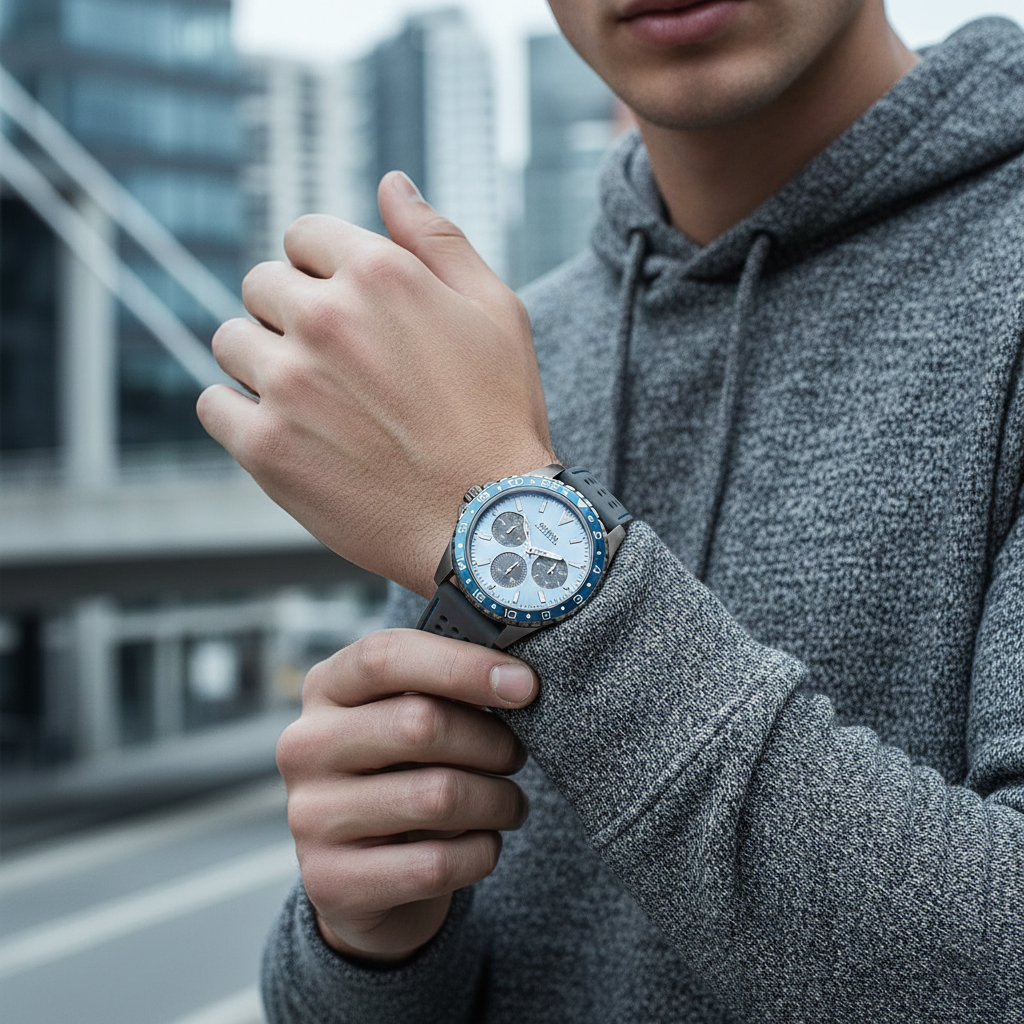 Male model wearing Guess W1108G6 grey and sky blue watch with a casual white t-shirt outfit