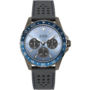 Guess Odyssey W1108G6 men's watch with gunmetal case and sky blue dial on grey rubber strap