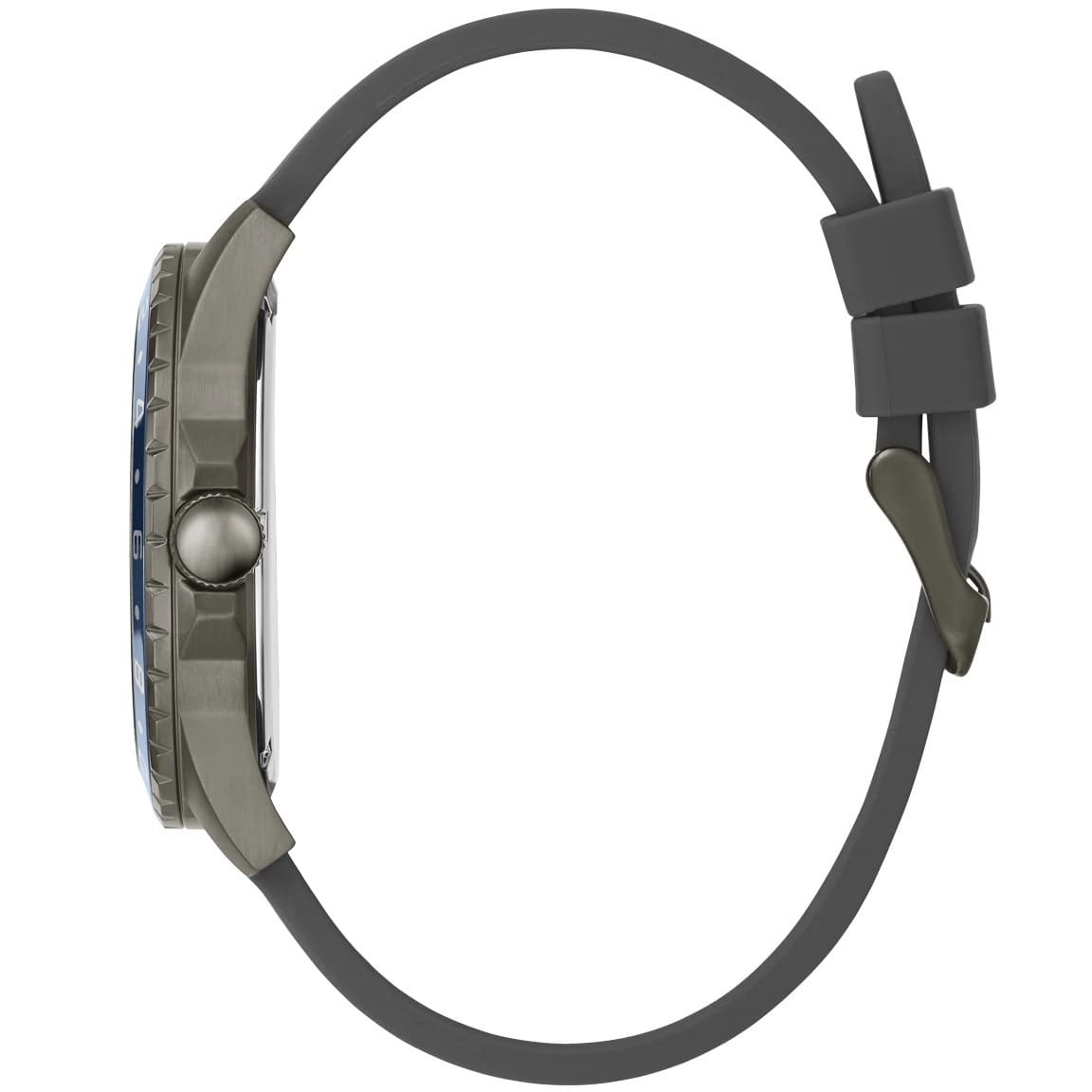 Side profile view of the 11mm gunmetal case of the Guess W1108G6