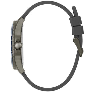 Side profile view of the 11mm gunmetal case of the Guess W1108G6