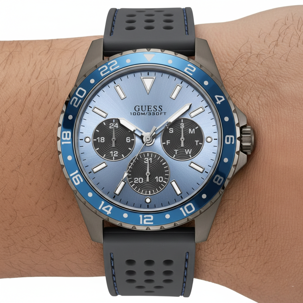 Close up shot of Guess W1108G6 on wrist highlighting the sky blue sunray dial and blue bezel