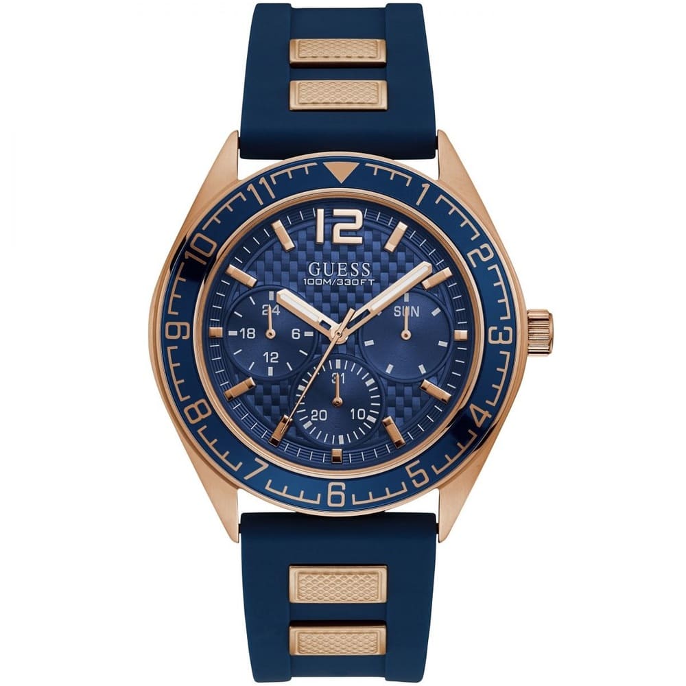 Guess W1167G3 men's watch with blue dial and blue rubber strap front view