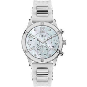 Guess Breeze W1234L1 women's watch with white silicone strap featuring silver metal links