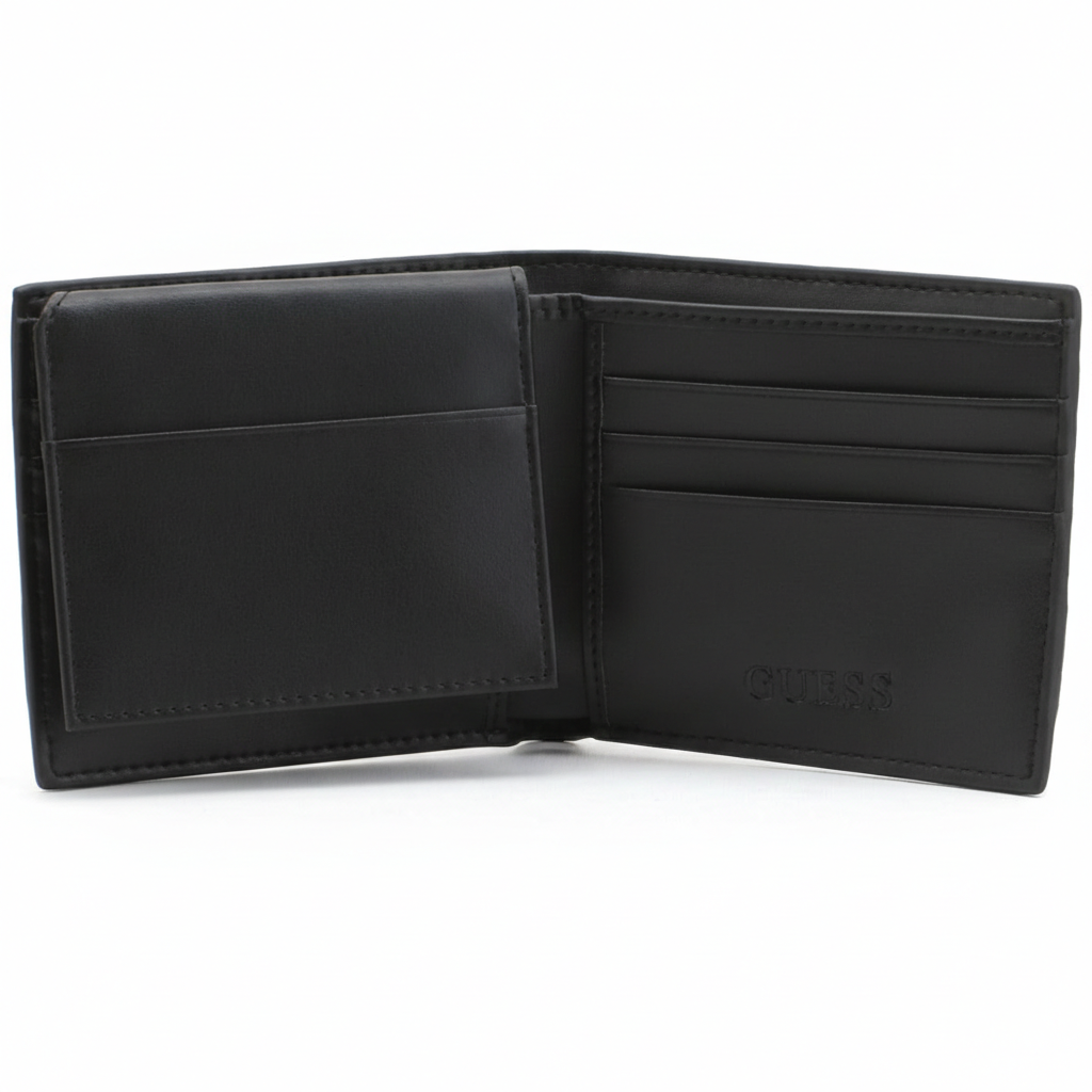 Fully open interior view of a Guess men's black leather wallet featuring a snap-button coin pocket on the left, card slots on the right, and debossed branding