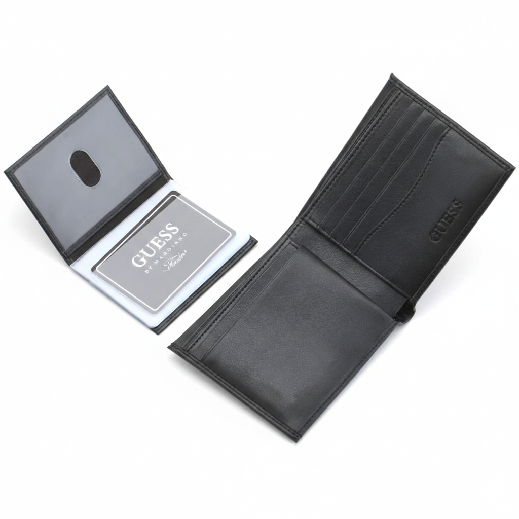Fully open interior view of a Guess men's black leather wallet showcasing a clear ID window passcase on the left and a snap-button coin pocket on the right