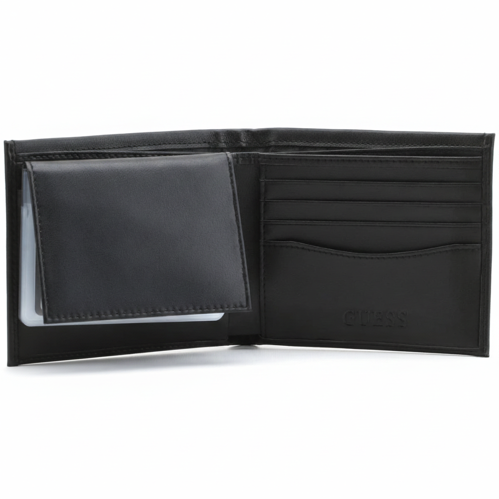 Fully open interior view of a Guess men's black leather wallet showcasing a flip-out ID window passcase on the left, and a snap-button coin pocket with debossed branding on the right