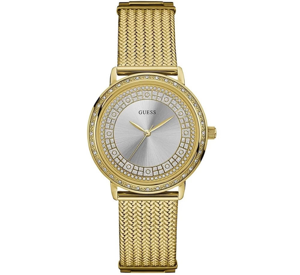 Guess Willow W0836L3 ladies watch with gold tone case, crystal bezel and gold mesh bracelet