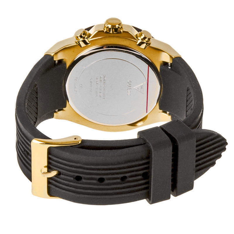 Caseback of Guess athena GW0030L2 women's quartz battery watch showing technical specs 30m water resistance and rubber strap