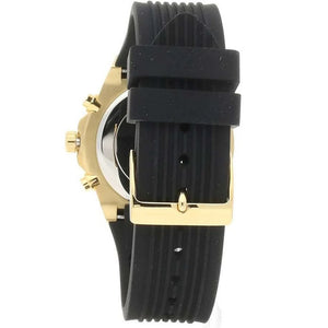 Gold-tone buckle clasp on Guess athena GW0030L2 women's quartz battery black rubber strap watch
