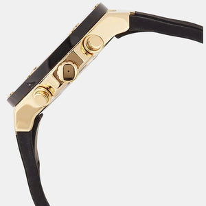 Detailed view of gold-tone textured crown on Guess athena GW0030L2 women's quartz battery watch
