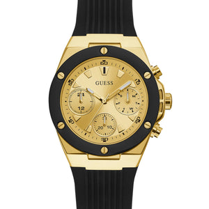 Guess athena GW0030L2 women's quartz battery watch with gold sunray dial, multi-function sub-dials, gold and black case, black rubber strap main view