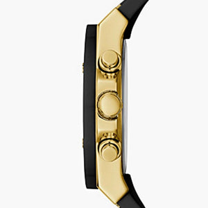 Side profile of Guess athena GW0030L2 women's quartz battery watch showing 10mm thickness and gold finish
