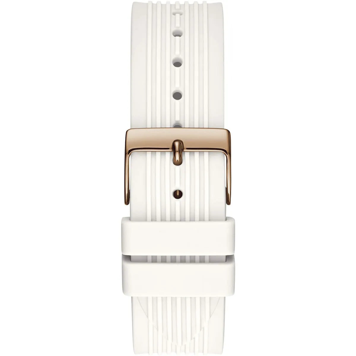 Rose gold-tone buckle clasp on Guess Athena GW0030L3 women's quartz battery white rubber strap watch