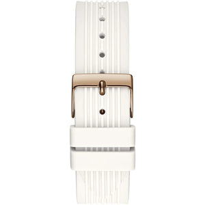 Rose gold-tone buckle clasp on Guess Athena GW0030L3 women's quartz battery white rubber strap watch