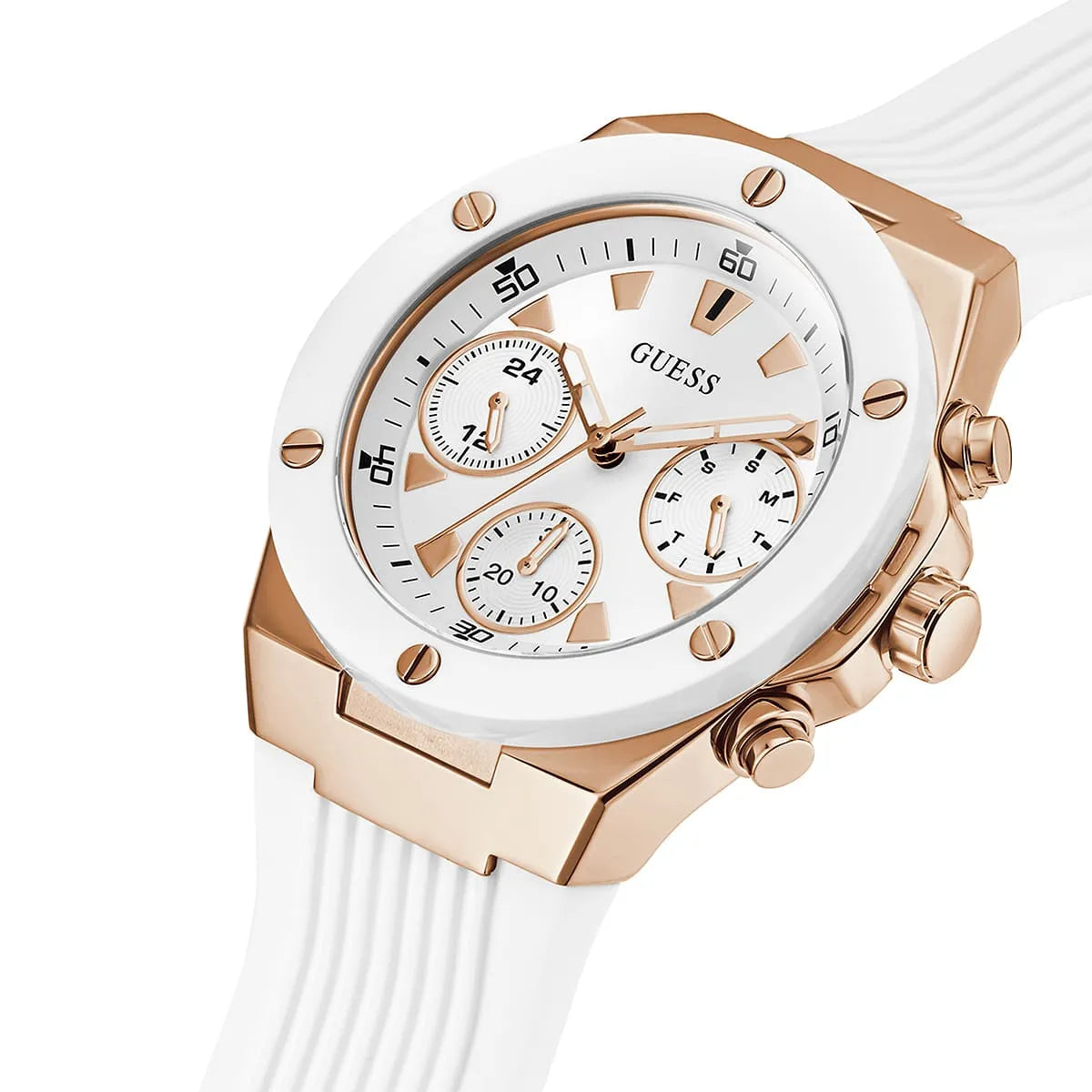 Detailed view of rose gold-tone textured crown on Guess Athena GW0030L3 women's quartz battery watch