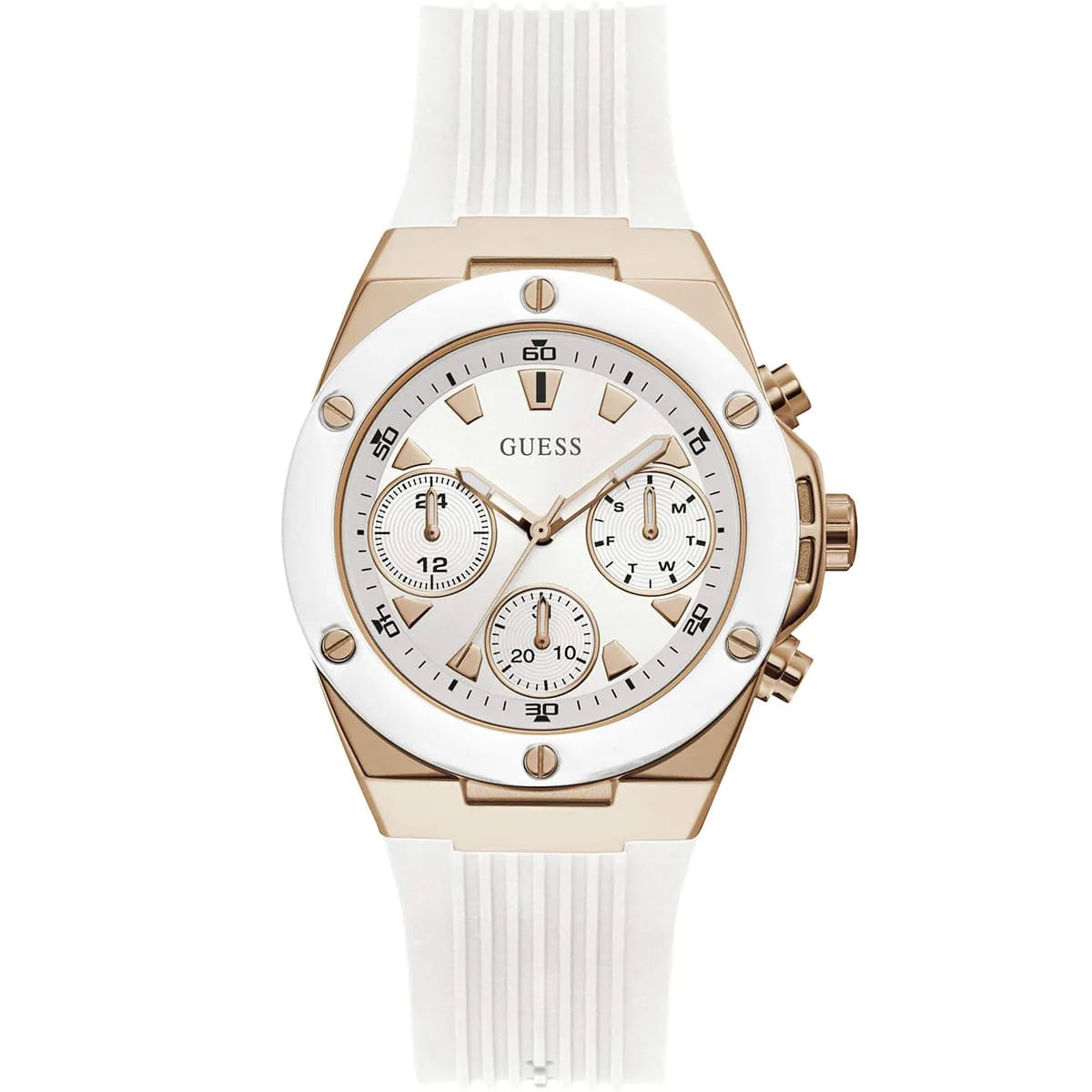 Guess Athena GW0030L3 women's quartz battery watch with white sunray dial, multi-function sub-dials, rose gold and white case, white rubber strap main view